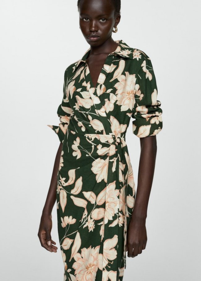 Mango Vestido camisero lino lazo - Verde