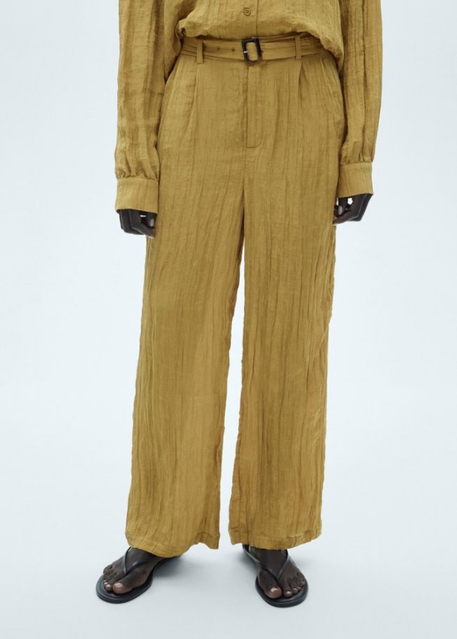 Mango Pantalón textura cinturón - Mostaza