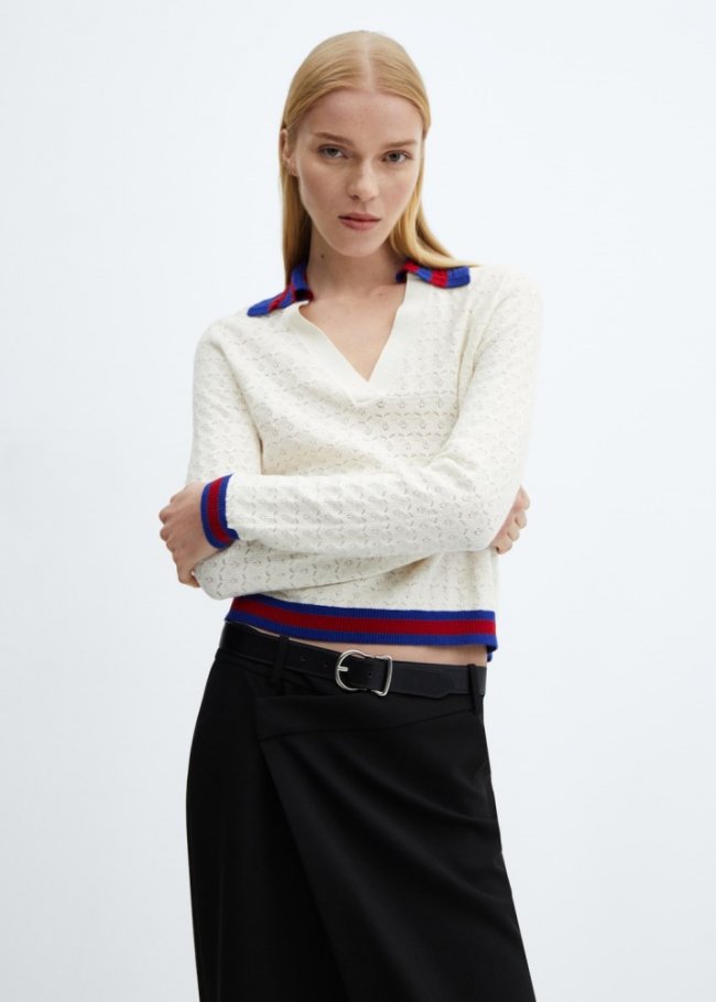Mango Jersey punto cuello polo - Blanco roto