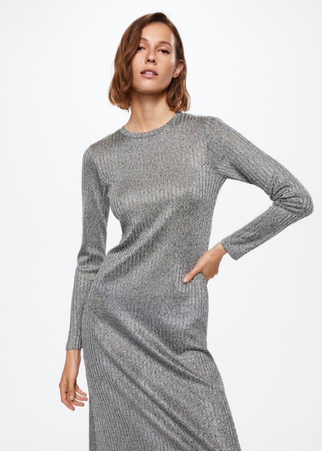 Mango Vestido largo canalé - Gris claro vigoré