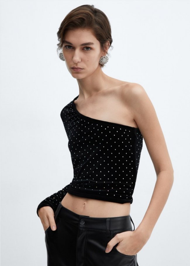 Mango Top terciopelo strass - Negro