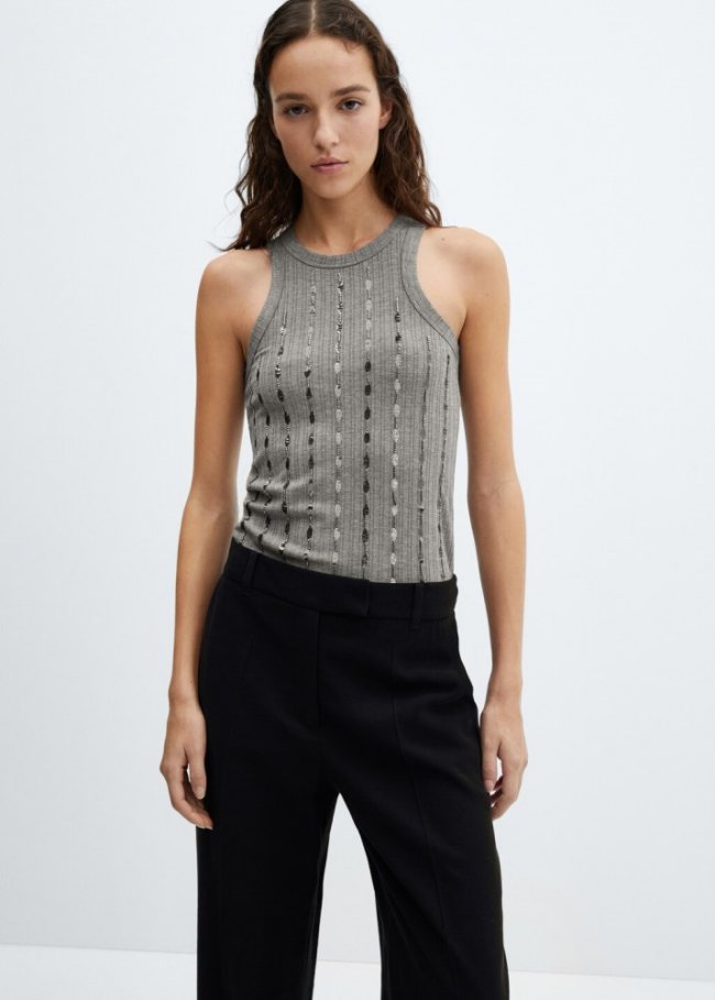 Mango Top punto bordado lentejuelas - Gris