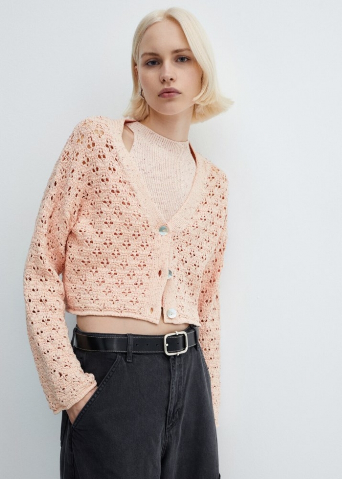Mango Cárdigan punto calado - Rosa