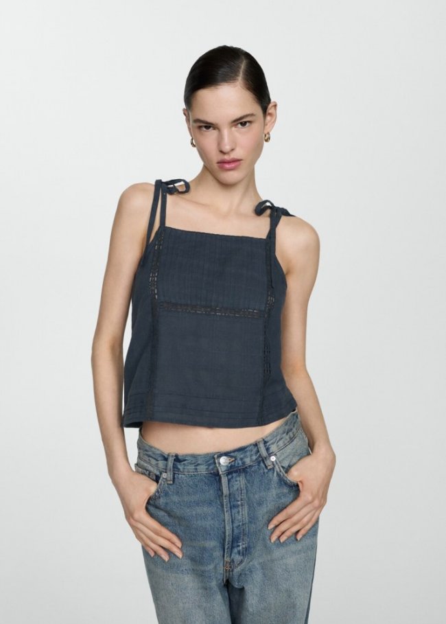 Mango Top bordado algodón - Azul indigo