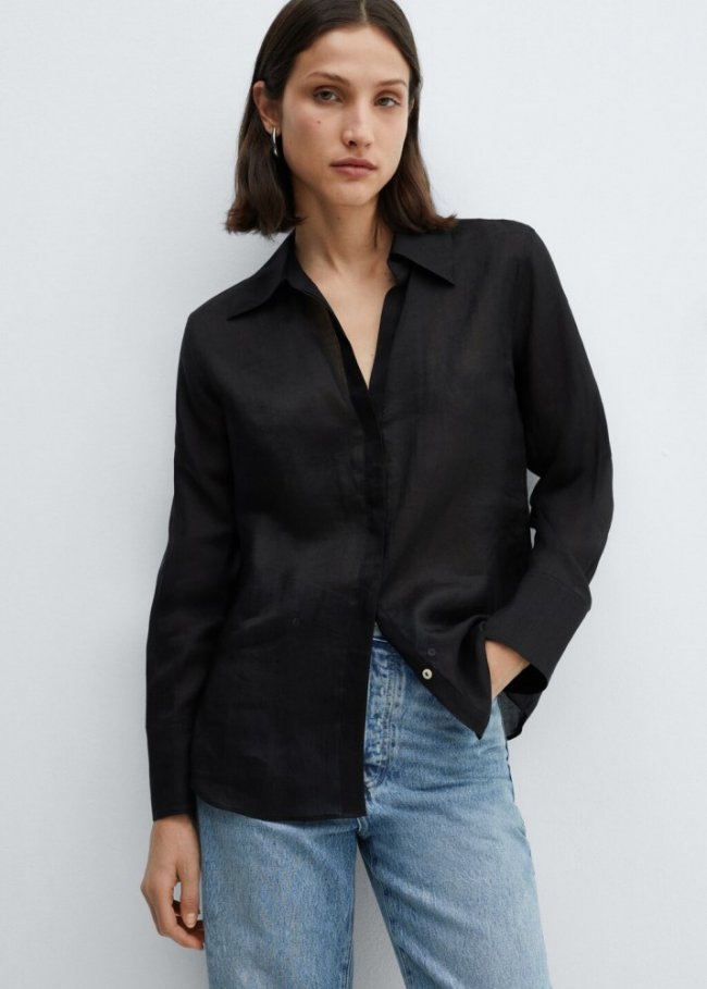 Mango Camisa ramio botones ocultos - Negro