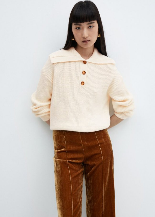 Mango Jersey punto cuello abotonado - Crudo
