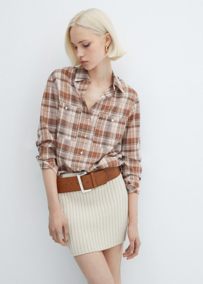 Mango Camisa cuadros bolsillos - Marrón
