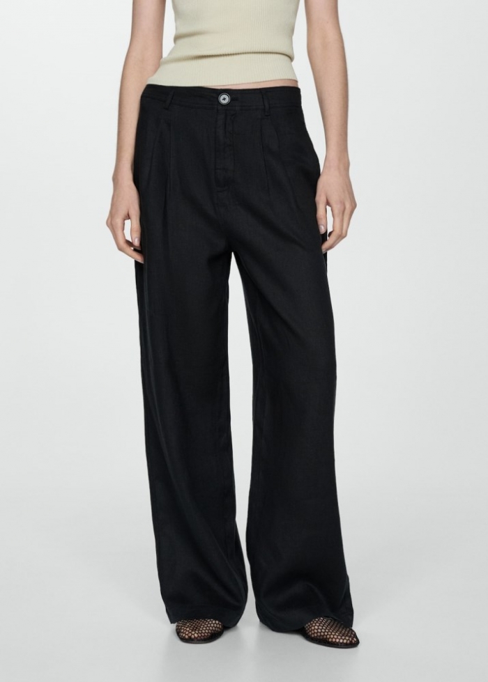 Mango Pantalón wideleg 100% lino - Negro