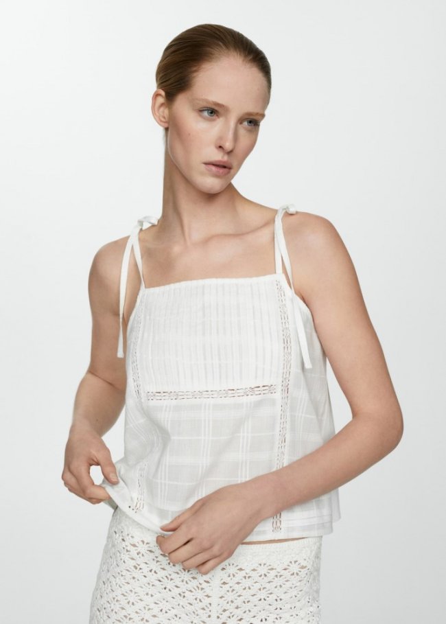 Mango Top bordado algodón - Blanco