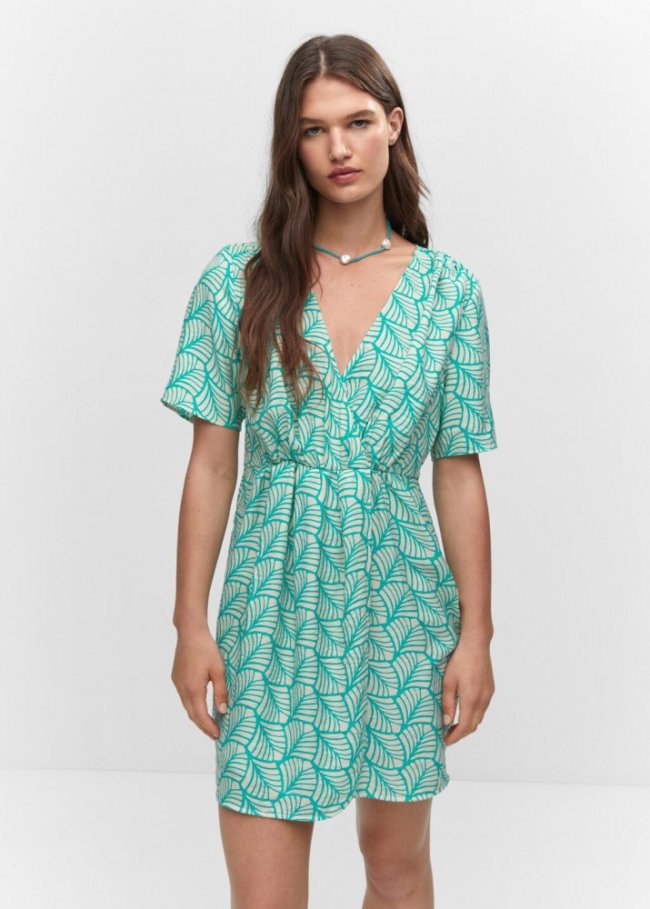 Mango Vestido corto cruzado estampado - Turquesa