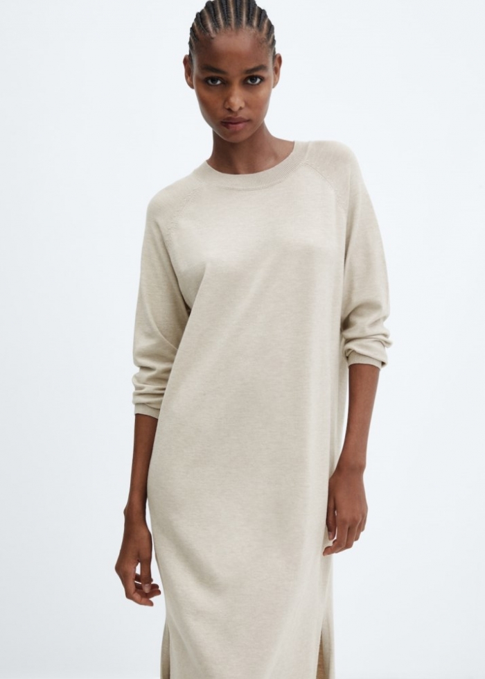 Mango Vestido punto cuello redondo - Gris claro/pastel
