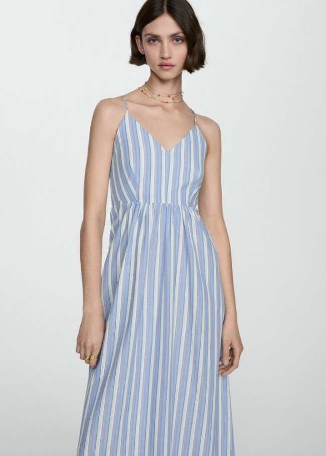 Mango Vestido rayas abertura espalda - Azul celeste