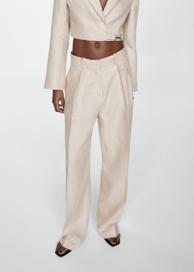 Mango Pantalón pinzas 100% lino - Gris claro/pastel