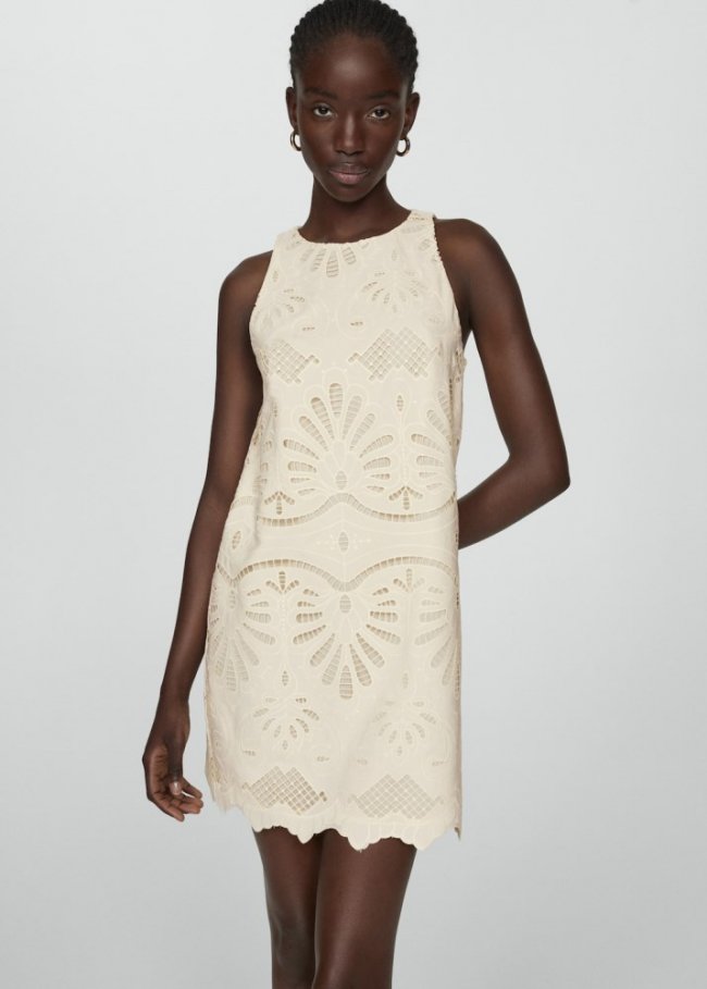 Mango Vestido corto bordado - Blanco marfil