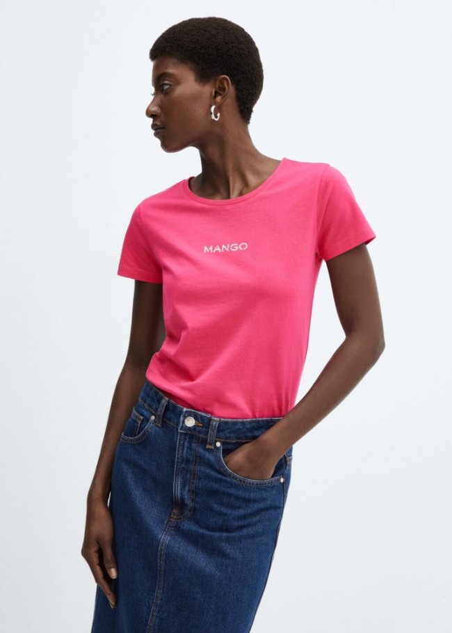 Mango Camiseta algodón logo - Fucsia