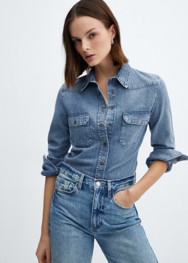 Mango Camisa vaquera bolsillos - Azul medio
