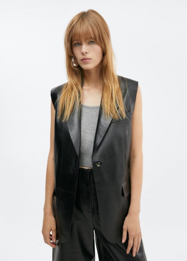Mango Chaleco largo piel - Negro
