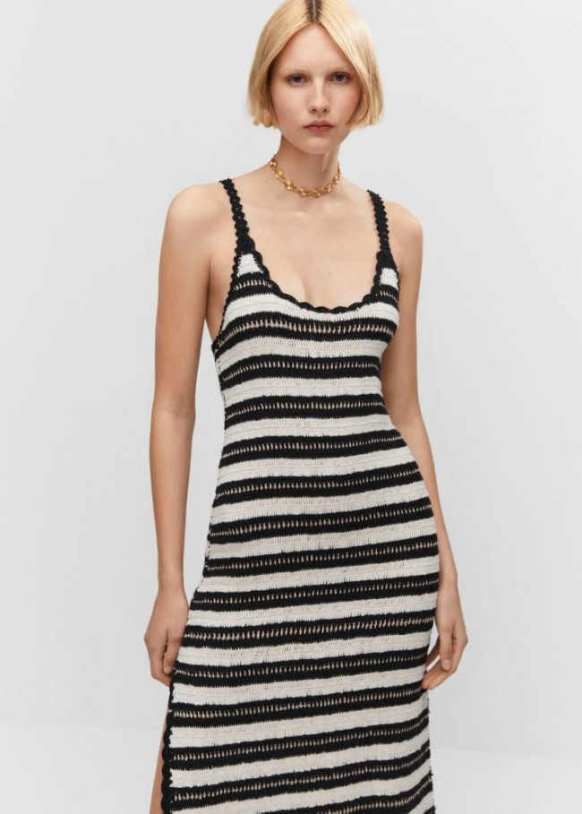 Mango Vestido crochet rayas - Negro