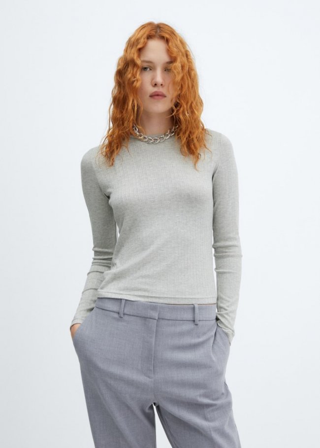 Mango Camiseta manga larga canalé - Gris medio vigoré