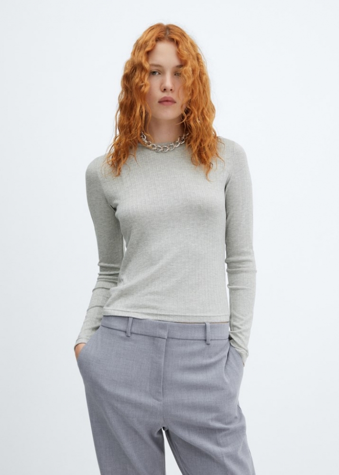 Mango Camiseta manga larga canalé - Gris medio vigoré