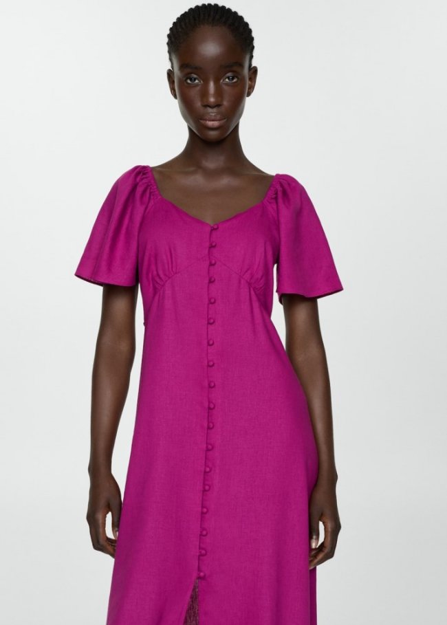 Mango Vestido lino botones - Morado