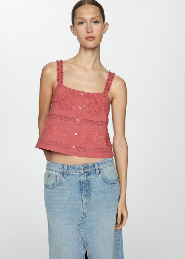 Mango Top tirantes bordado - Rojo anaranjado