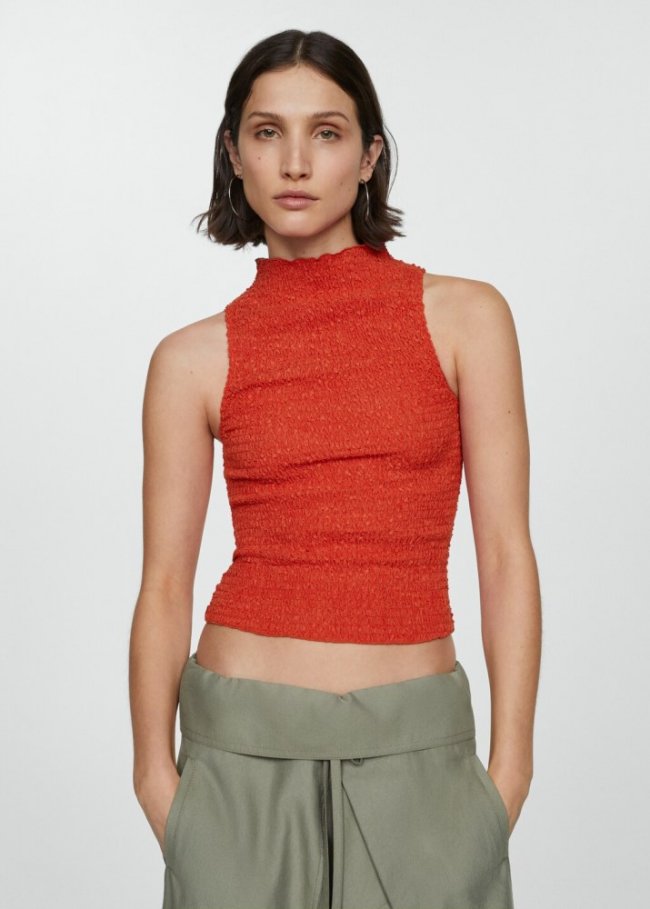 Mango Top textura fruncido - Rojo coral