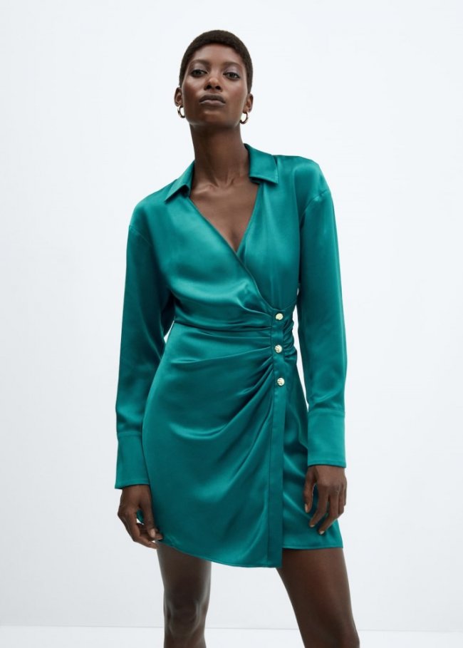 Mango Vestido satinado triple botón - Turquesa