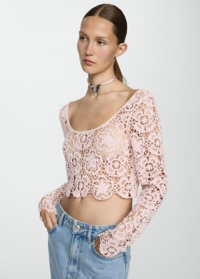 Mango Jersey corto crochet - Rosa pastel