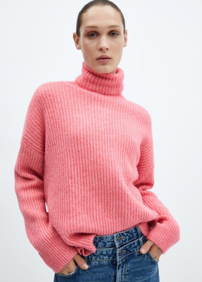 Mango Jersey canalé cuello vuelto - Rojo coral