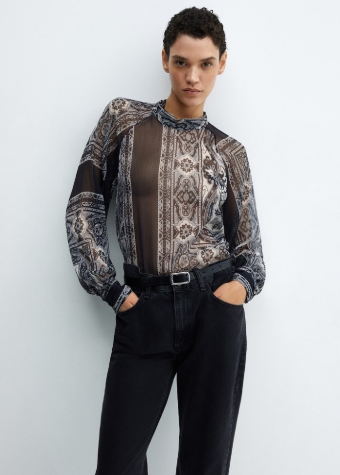 Mango Blusa semitransparente estampada - Negro