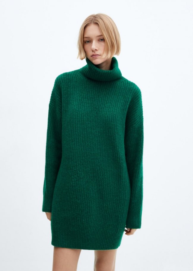 Mango Vestido canalé cuello vuelto - Verde oscuro