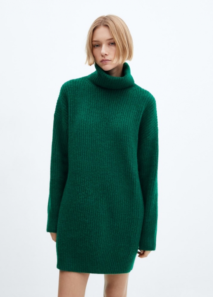 Mango Vestido canalé cuello vuelto - Verde oscuro