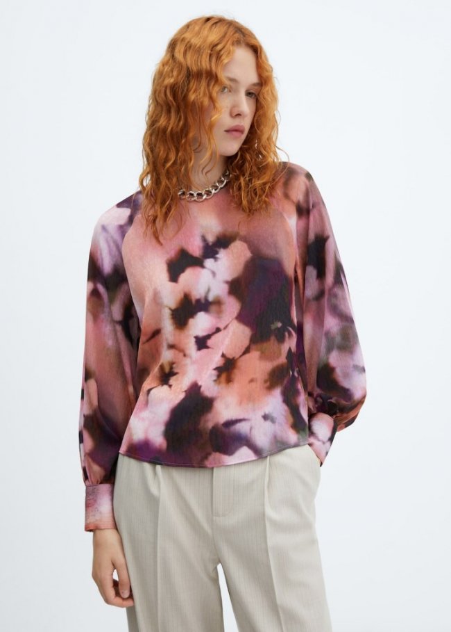 Mango Blusa floral manga abullonada - Rosa