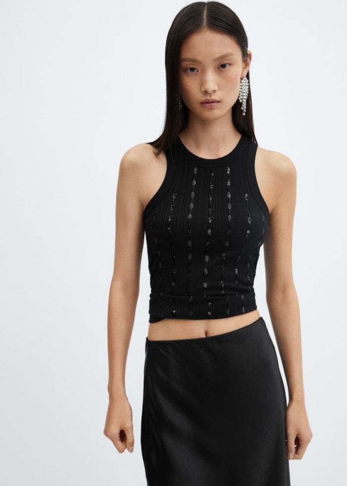 Mango Top punto bordado lentejuelas - Negro