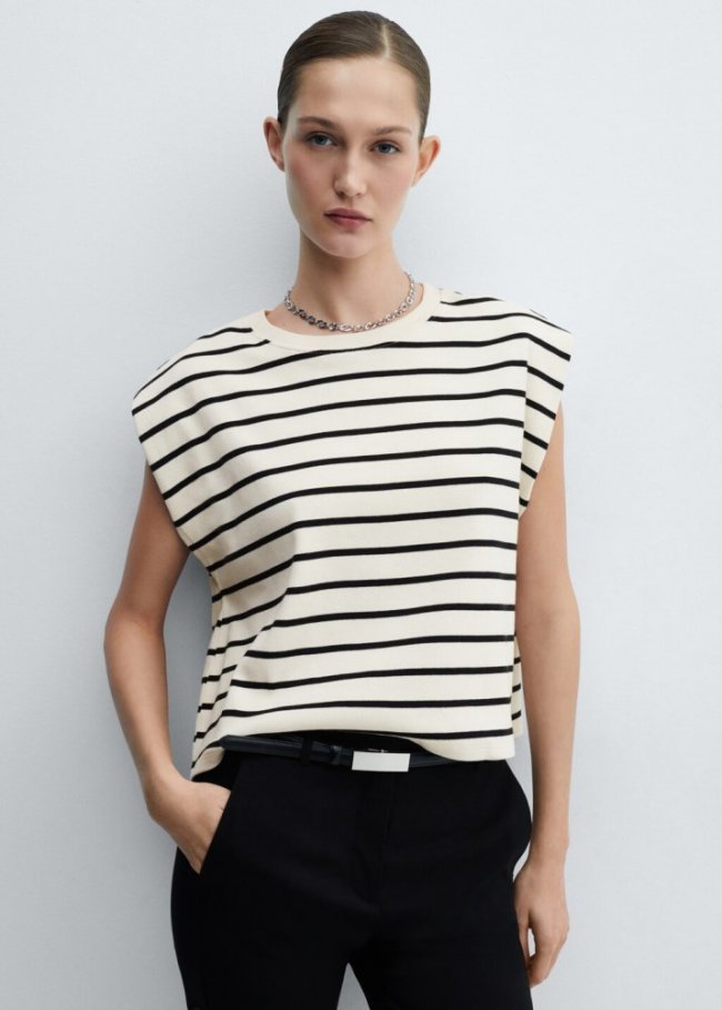 Mango Camiseta rayas hombreras - Crudo