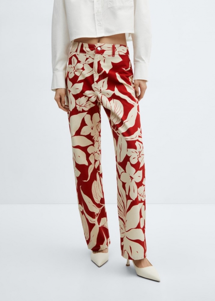 Mango Jeans rectos estampados tiro medio - Rojo