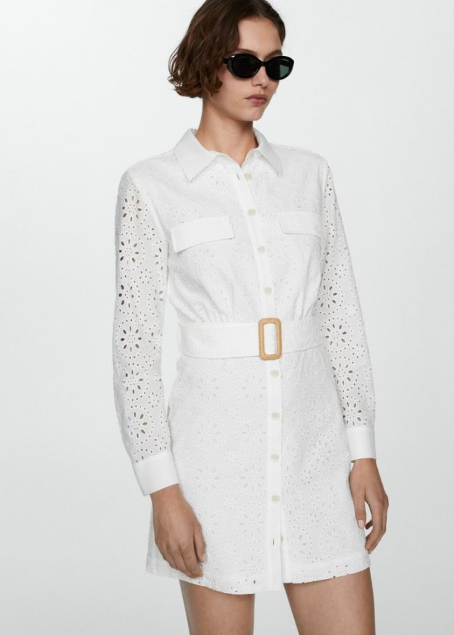 Mango Vestido camisero bordado suizo - Blanco