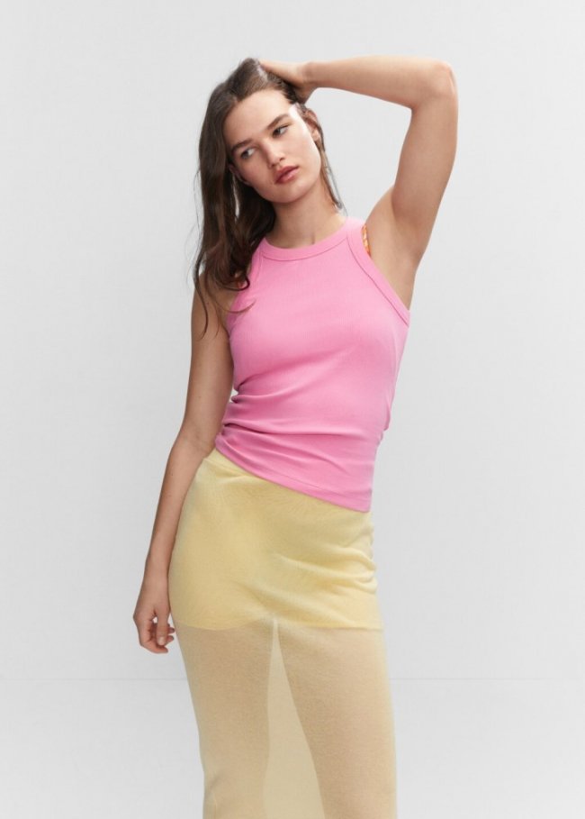 Mango Top canalé algodón - Rosa