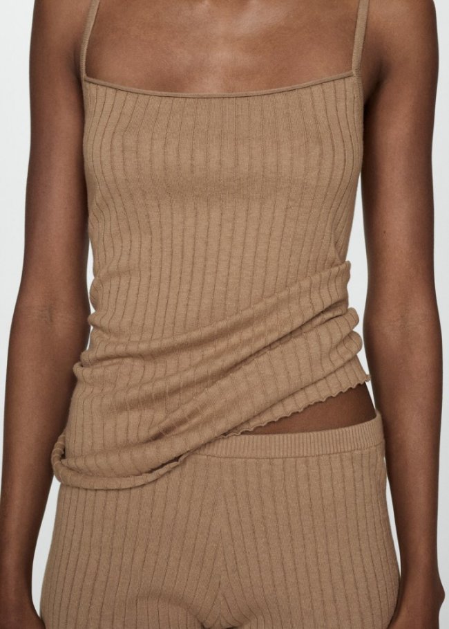 Mango Camiseta punto tirantes - Marrón claro/pastel