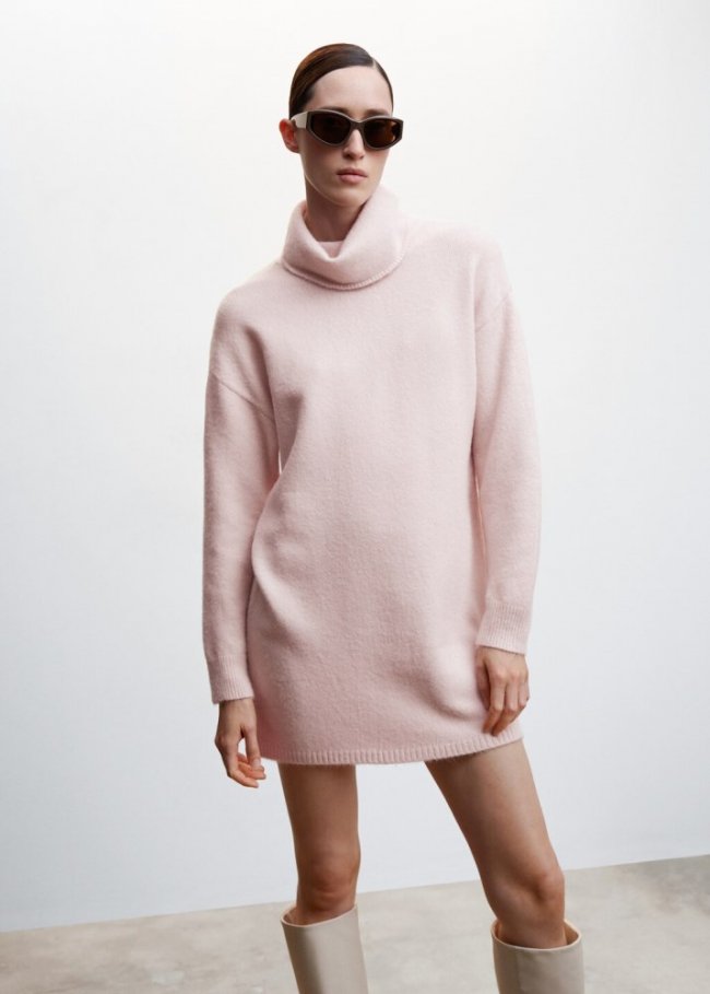 Mango Vestido punto cuello vuelto - Rosa pastel