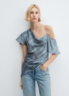 Mango Blusa asimétrica satinada cuadros - Azul