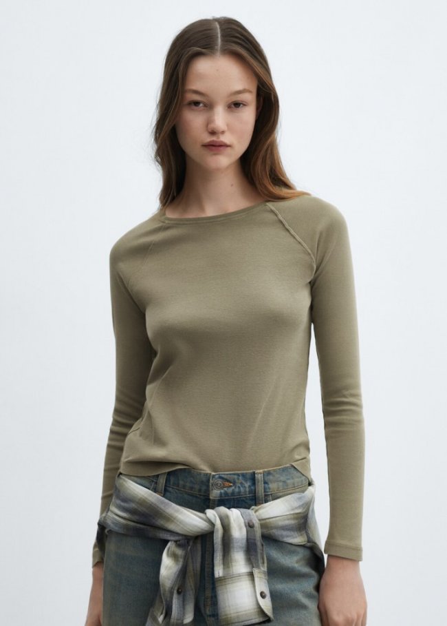 Mango Camiseta lavada cuello redondo - Khaki