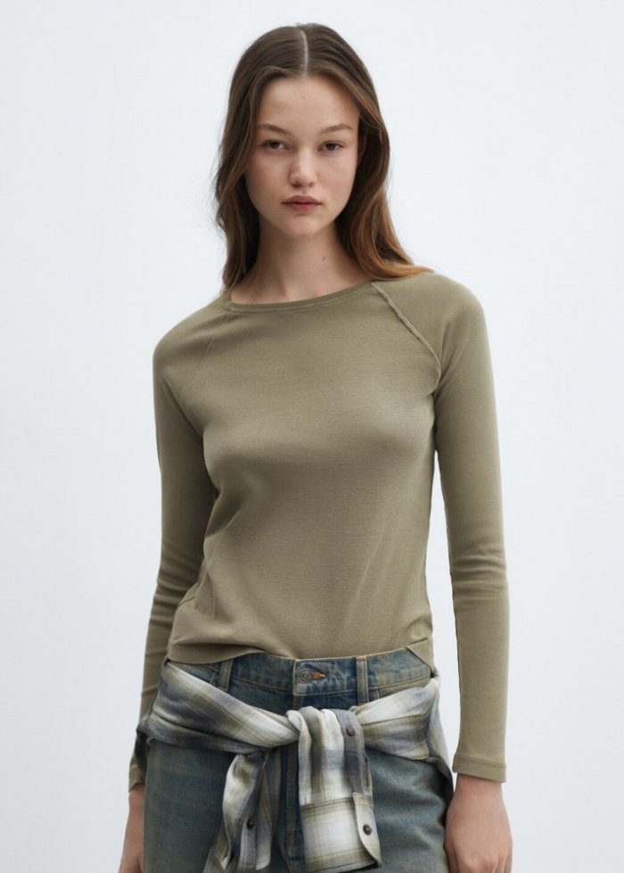 Mango Camiseta lavada cuello redondo - Khaki