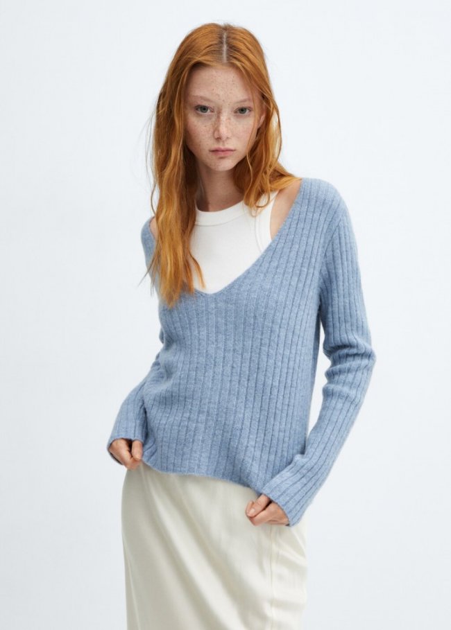 Mango Jersey canalé cuello pico - Azul