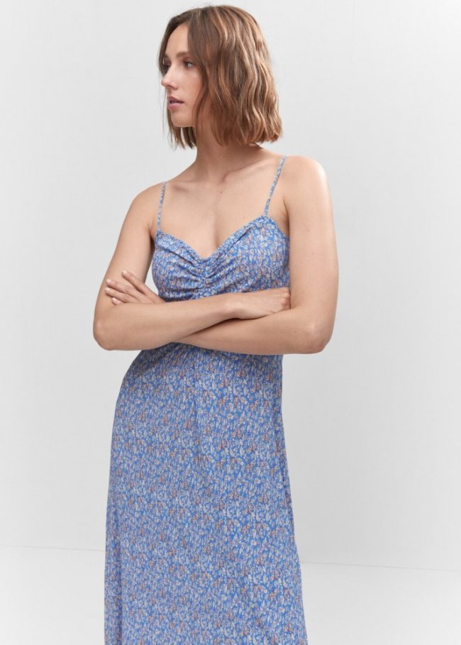 Mango Vestido flores detalle fruncido - Azul