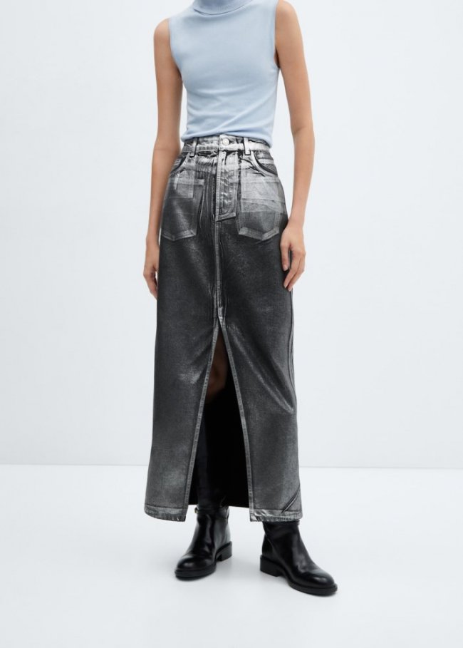 Mango Falda larga vaquera foil - Negro
