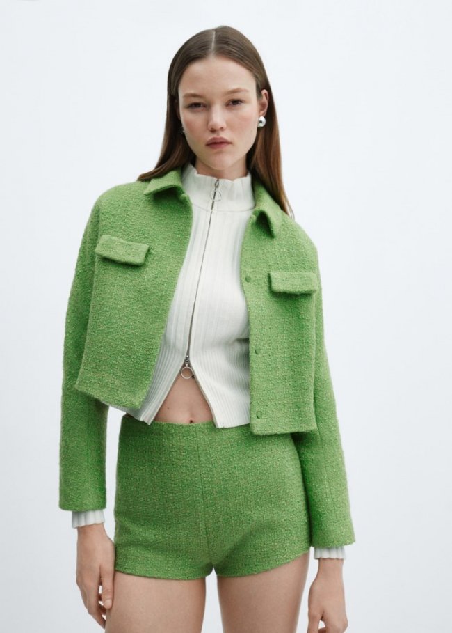 Mango Chaqueta crop tweed bolsillos - Verde
