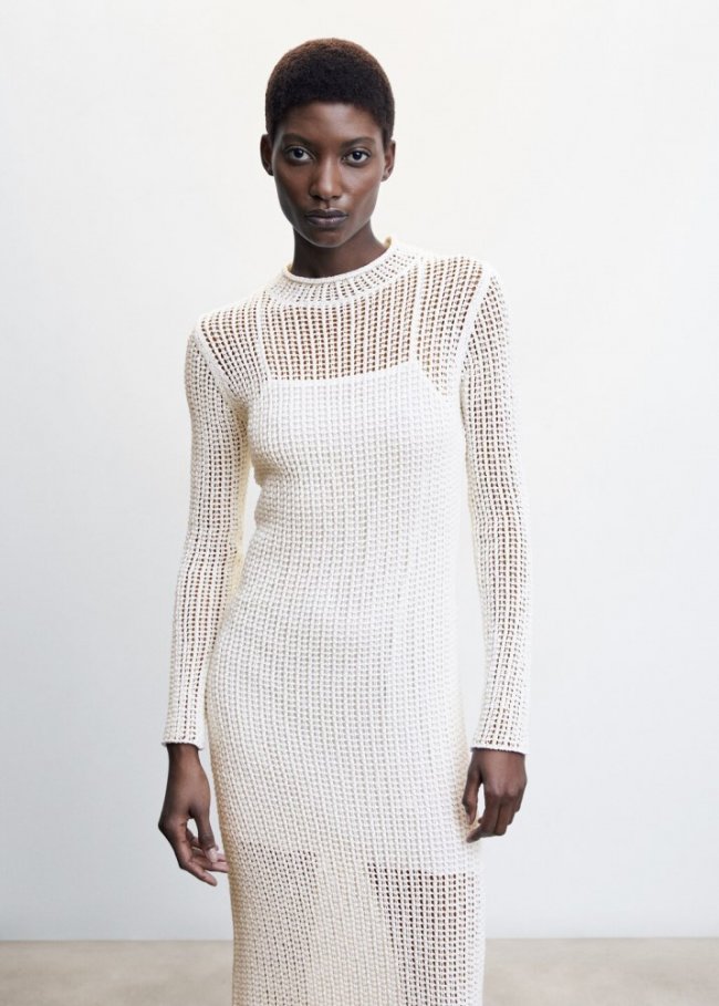 Mango Vestido punto calado - Blanco roto