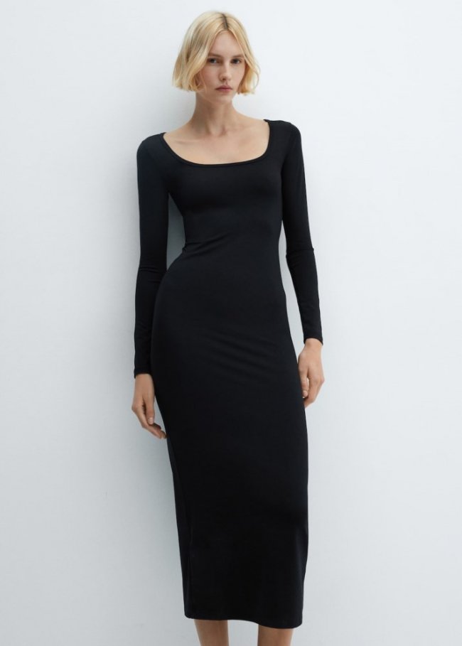 Mango Vestido midi escotado - Negro